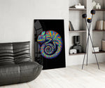 Trippy-graphic cinematic glass wall art over modern dining sideboard