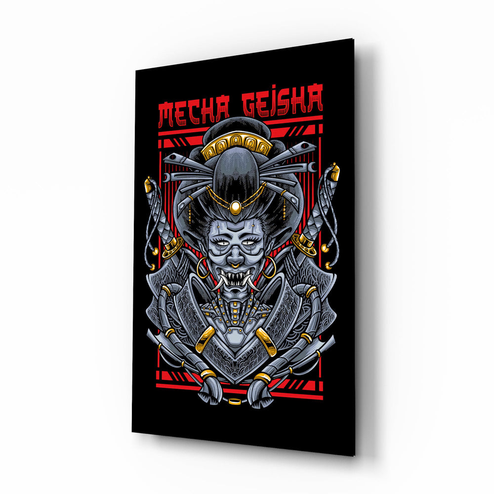 Mecha Geisha red cinematic glass wall art over walnut console in designer entertainment den