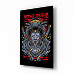 Mecha Geisha red cinematic glass wall art over walnut console in designer entertainment den