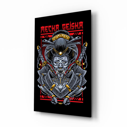 Mecha Geisha red cinematic glass wall art over walnut console in designer entertainment den
