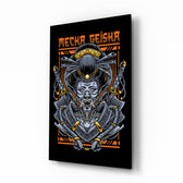 Mecha Geisha orange cinematic glass wall art over walnut console in designer entertainment den