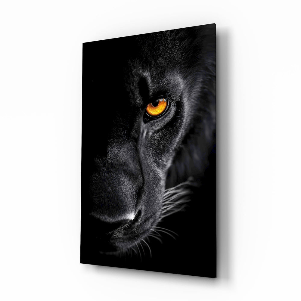 Black panther saffron eye cinematic glass wall art over walnut console in designer office