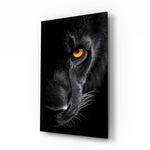 Black panther saffron eye cinematic glass wall art over walnut console in designer office