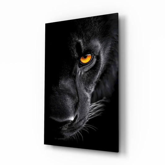 Black panther saffron eye cinematic glass wall art over walnut console in designer office