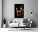 Tangerine plumage cinematic glass wall art in heritage stairwell