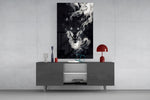 Japanese ink-painting cinematic glass wall art in masculine-luxe study