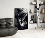 Heavy-metal album cinematic glass wall art over modern bar console