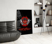 Hannya-mask cinematic glass wall art over modern bar console