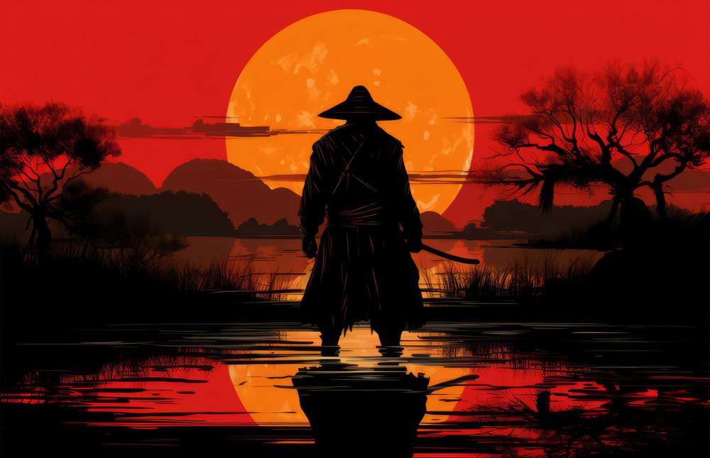 Silhouette Samurai Sunset Glass Wall Art