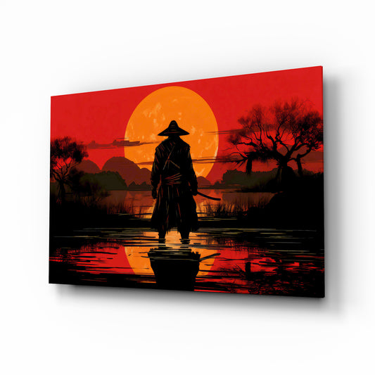 Samurai blood moon cinematic glass wall art over walnut console in designer cigar lounge