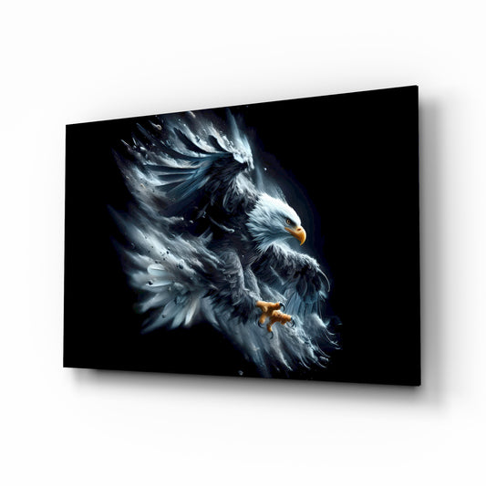 Water burst eagle cinematic glass wall art over walnut console in designer office