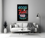 Retro-graphic typography cinematic glass wall art in heritage stairwell