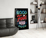 Cobalt-scarlet typography cinematic glass wall art over modern dining sideboard