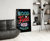 Cobalt-scarlet typography cinematic glass wall art over modern dining sideboard