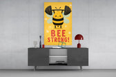 Motivational kawaii cinematic glass wall art in light-filled atelier