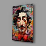 Surrealist pop tribute cinematic glass wall art in art-gallery reception
