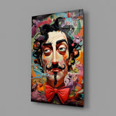 Surrealist pop tribute cinematic glass wall art in art-gallery reception