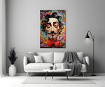 Surrealist tribute cinematic glass wall art in heritage stairwell
