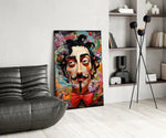 Curled-moustache Dalí cinematic glass wall art over modern dining sideboard