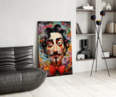 Curled-moustache Dalí cinematic glass wall art over modern dining sideboard