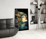 Teal-skin muse cinematic glass wall art over modern dining sideboard