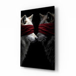 Blindfolded wolves pair cinematic glass wall art over walnut console in designer office