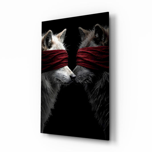 Blindfolded wolves pair cinematic glass wall art over walnut console in designer office