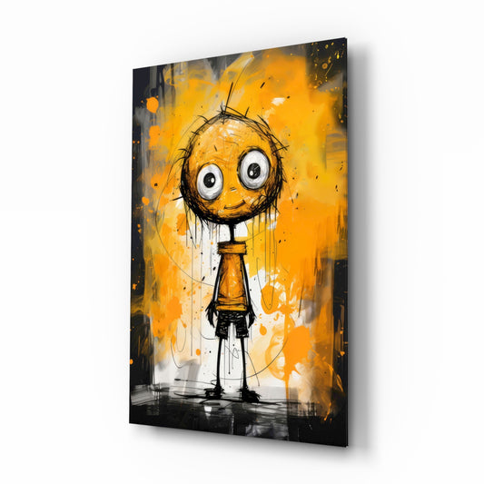Tim Burton stick figure cinematic glass wall art over walnut console in designer entertainment den