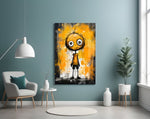 Marigold splatter doodle cinematic glass wall art in tattoo-studio reception