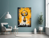 Marigold splatter doodle cinematic glass wall art in tattoo-studio reception