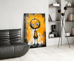 Outsider-art figure cinematic glass wall art over modern dining sideboard