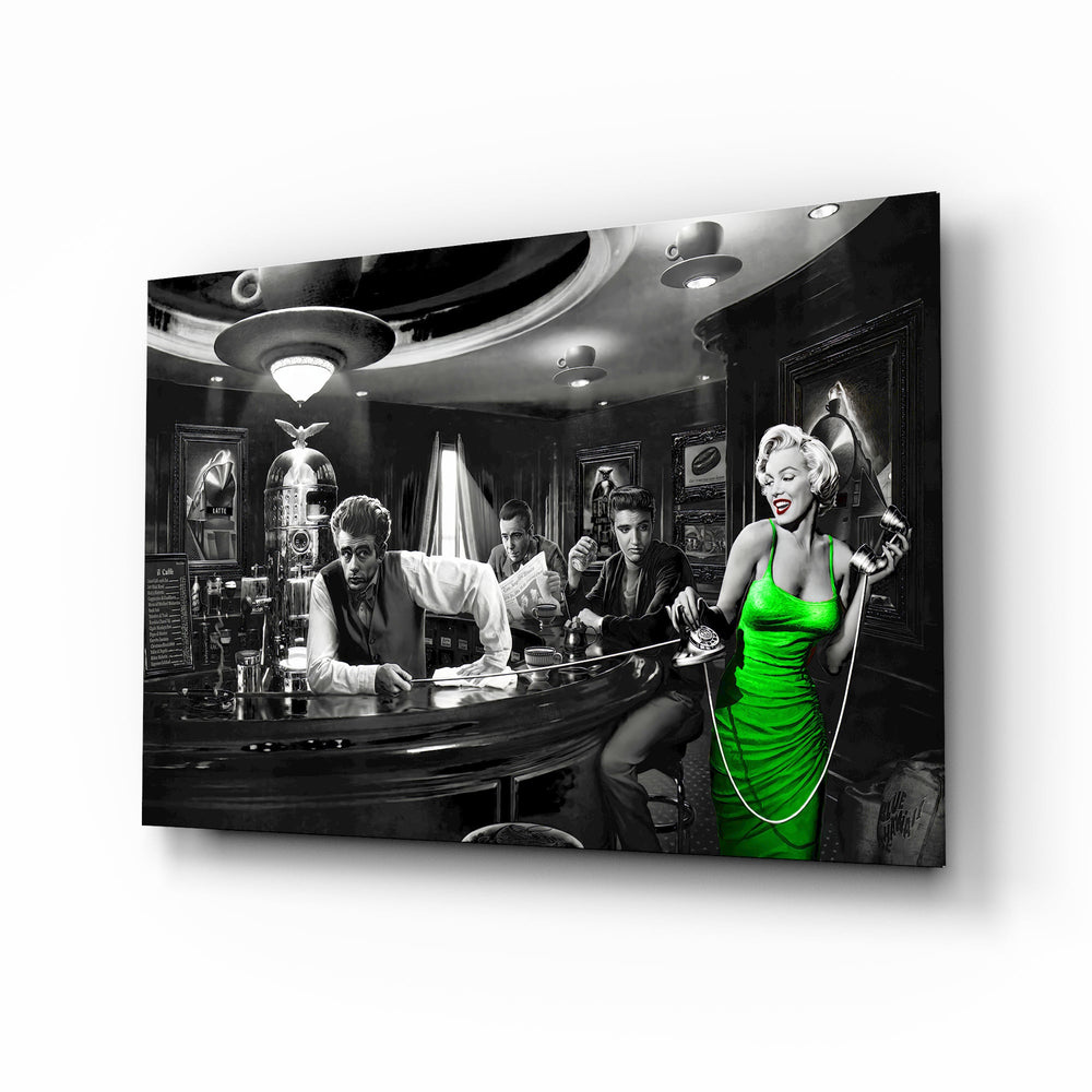 Hollywood Cafe magenta Marilyn cinematic glass wall art over walnut console in designer cigar lounge