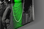 Marilyn fuchsia gown cinematic glass wall art in boutique-hotel bar entry