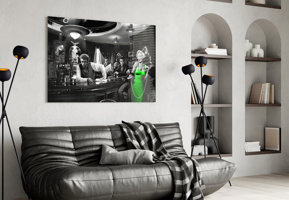 James Dean diner cinematic glass wall art in feminine-luxe study