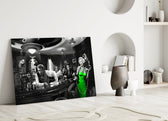 Chris-Consani-style cinematic glass wall art in heritage stairwell