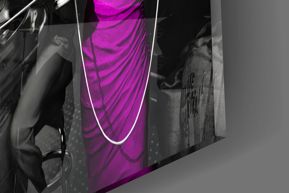 Marilyn saffron gown cinematic glass wall art in boutique-hotel bar entry
