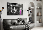 James Dean diner cinematic glass wall art in feminine-luxe study