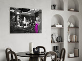 Selective-color diner cinematic glass wall art over modern bar console