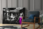 Retro Hollywood cinematic glass wall art in private library reading nook