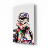 Mickey Vader graffiti cinematic glass wall art over walnut console in designer entertainment den