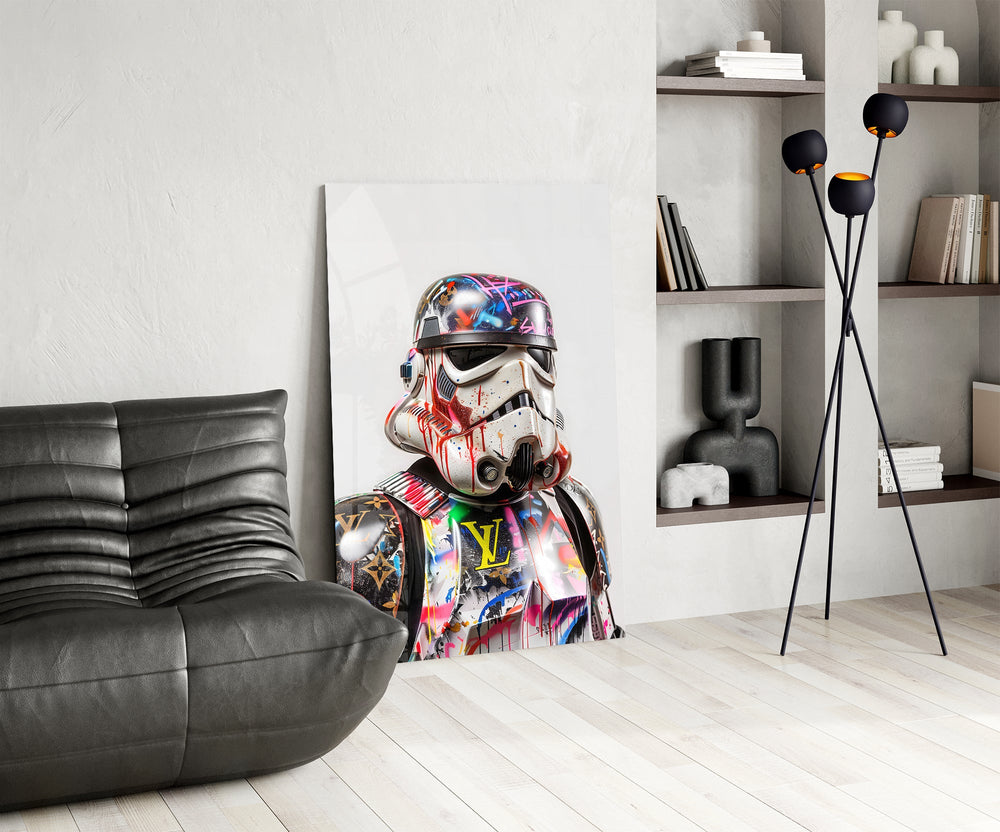 Banksy-style graffiti cinematic glass wall art over modern bar console