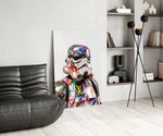 Banksy-style graffiti cinematic glass wall art over modern bar console