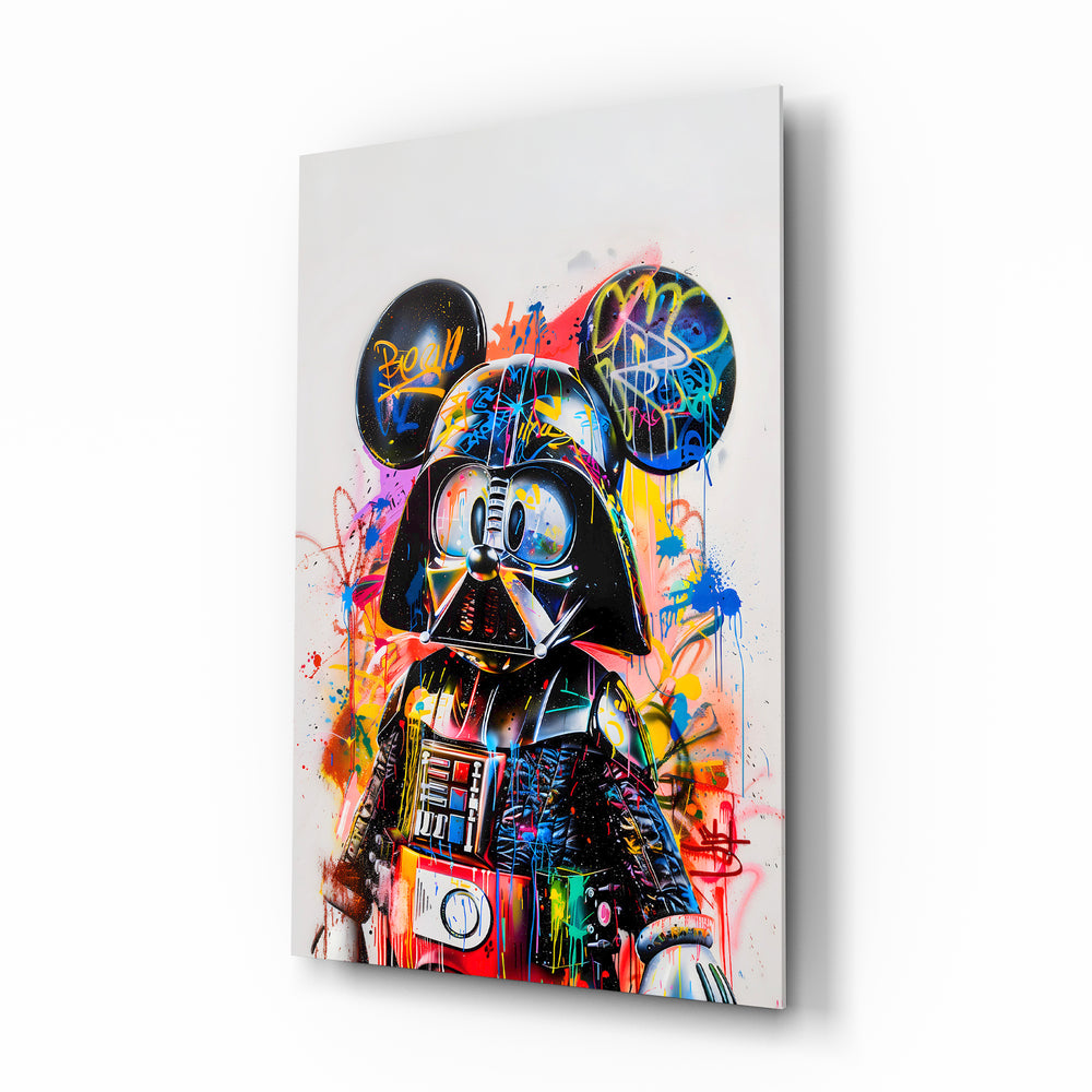 Darth Vader rainbow graffiti cinematic glass wall art over walnut console in designer entertainment den