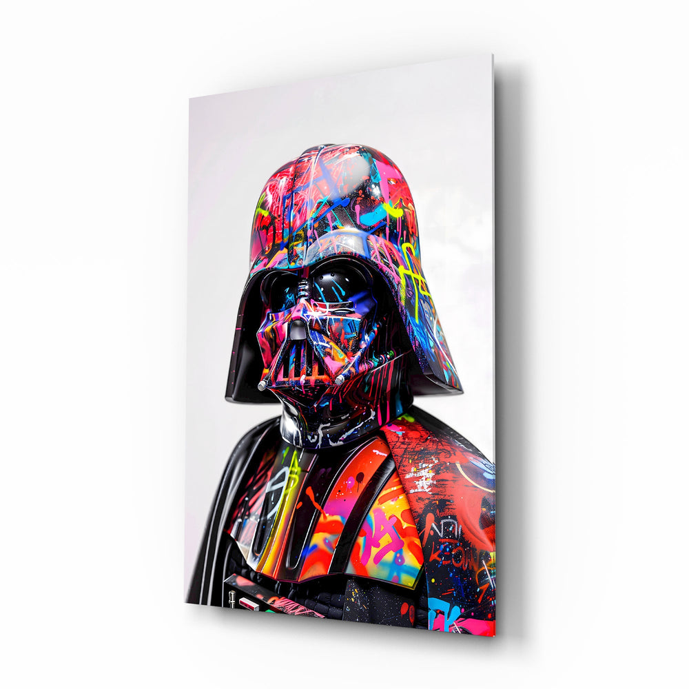 Darth Vader streetwear graffiti cinematic glass wall art over walnut console in designer entertainment den