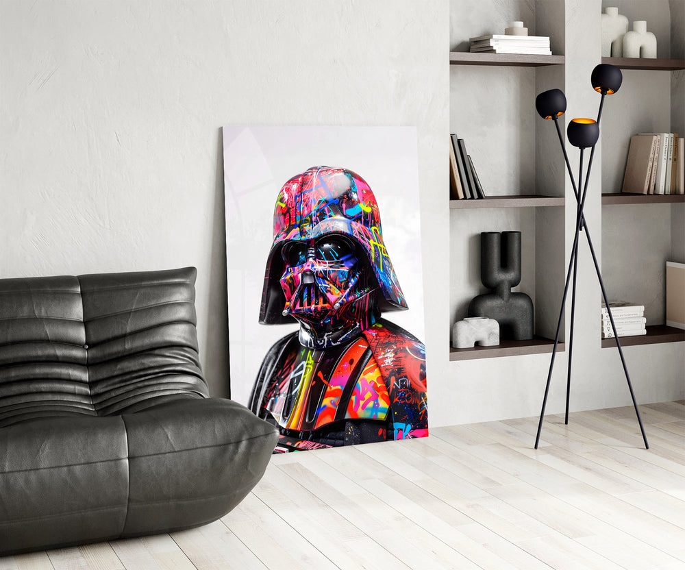 Vader splatter colorway cinematic glass wall art over modern bar console