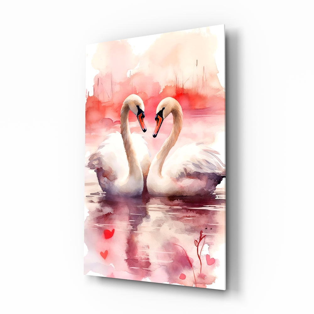 Swan couple watercolor cinematic glass wall art over walnut console in designer bedroom