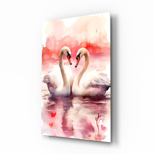 Swan couple watercolor cinematic glass wall art over walnut console in designer bedroom