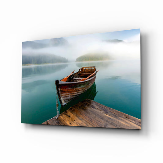 Foggy lake wooden boat cinematic glass wall art over walnut console in designer mountain cabin