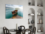 Misty alpine cinematic glass wall art over modern dining sideboard