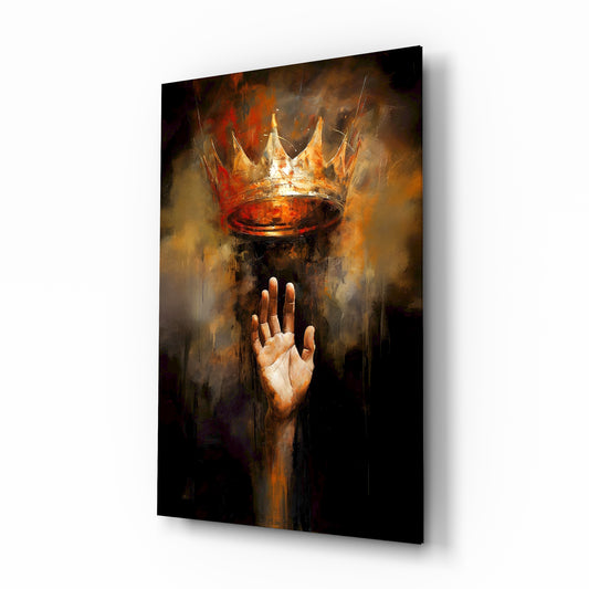Crown and hand reaching cinematic glass wall art over walnut console in designer office